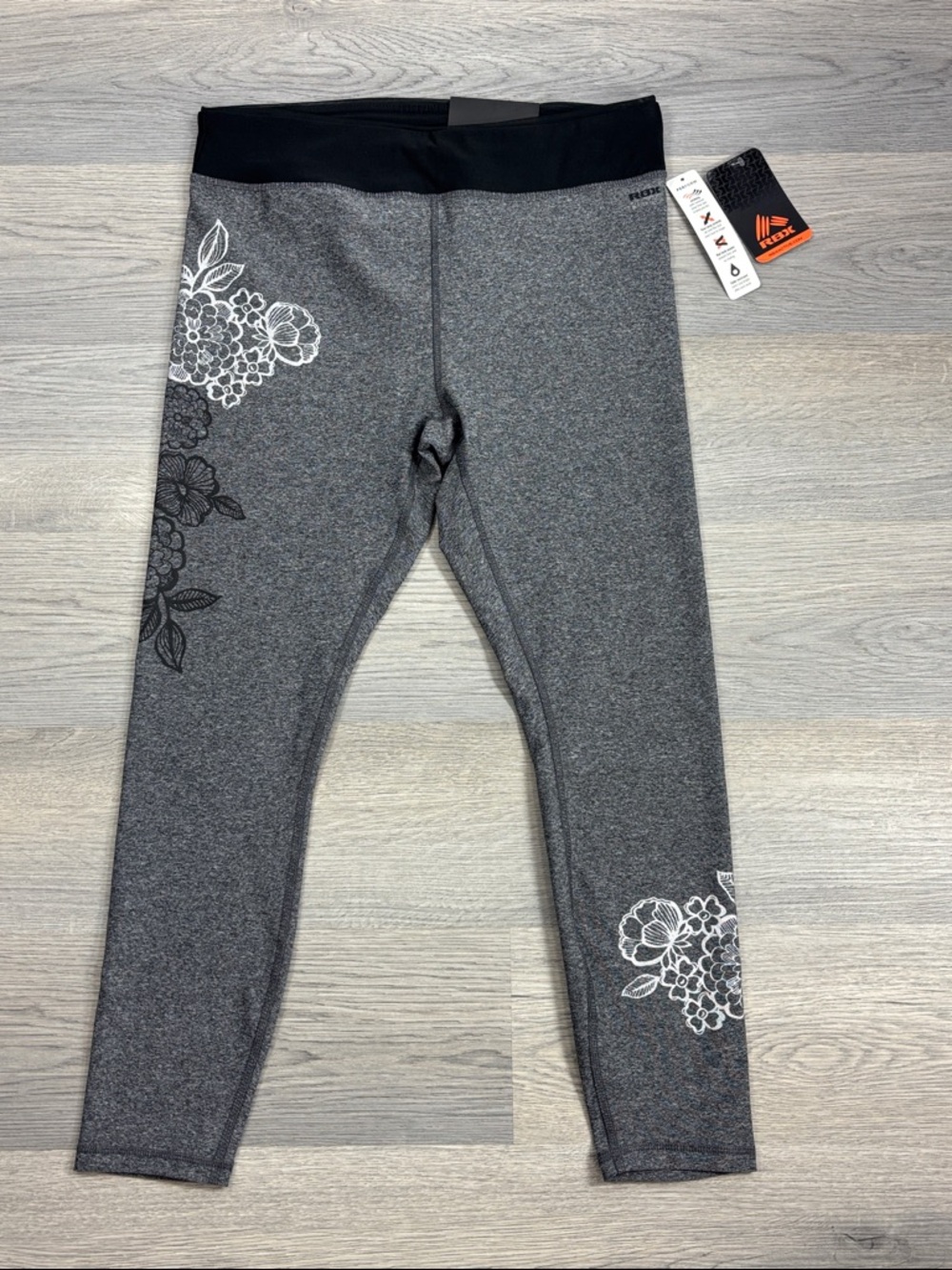 RBX Reebok Heathered Gray Floral 7/8 Ankle Leggings - Large NWT